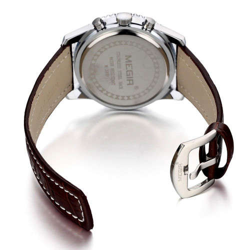 * Megir Brand Top Watch**Silver Luxury Leather Strap Men* 6 Hands * Quartz Wristwatch CHRONOGRAPH