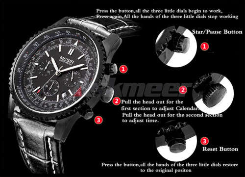 * Megir Brand Top Watch**Silver Luxury Leather Strap Men* 6 Hands * Quartz Wristwatch CHRONOGRAPH
