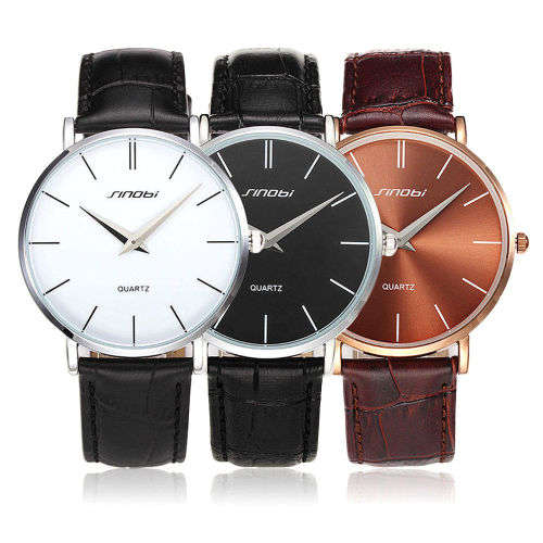 -- * **ELEGANT*ULTRA THIN*  SINOBI  STEEL UNISEX ANALOG DRESS WATCH**LEATHER BAND