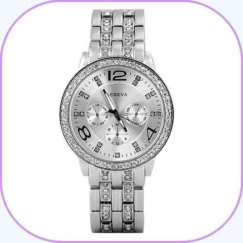 --********LADIES GENEVA* BIG DIAL*SILVER FULL BLING DESIGNER STYLE  STAINLESS STEEL QUARTZ WATCH**