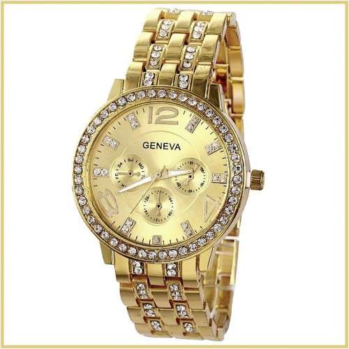 --********LADIES GENEVA* BIG DIAL*GOLD*FULL BLING DESIGNER STYLE  STAINLESS STEEL QUARTZ WATCH**