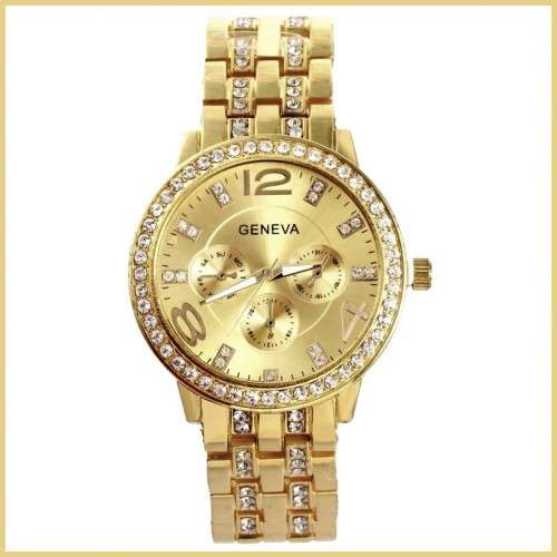 --********LADIES GENEVA* BIG DIAL*GOLD*FULL BLING DESIGNER STYLE  STAINLESS STEEL QUARTZ WATCH**