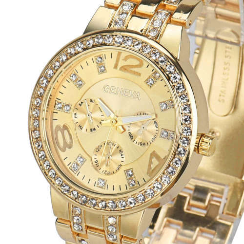 --********LADIES GENEVA* BIG DIAL*GOLD*FULL BLING DESIGNER STYLE  STAINLESS STEEL QUARTZ WATCH**