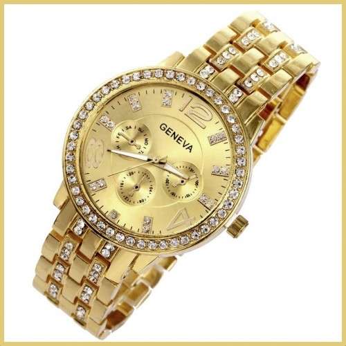 --********LADIES GENEVA* BIG DIAL*GOLD*FULL BLING DESIGNER STYLE  STAINLESS STEEL QUARTZ WATCH**