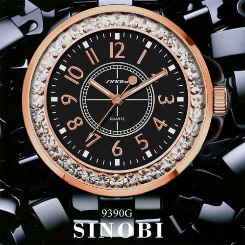 -***$59* --***LADIES **SWAROVSKI CRYSTAL ENCRUSTED ~SINOBI~BLACK&GOLD  QUARTZ Watch -