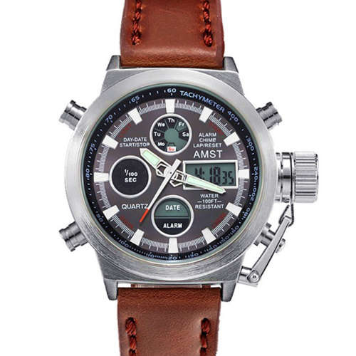 *AMST Brand Men Leather Strap Quartz Led Digital 50M Waterproof Army Military Watch