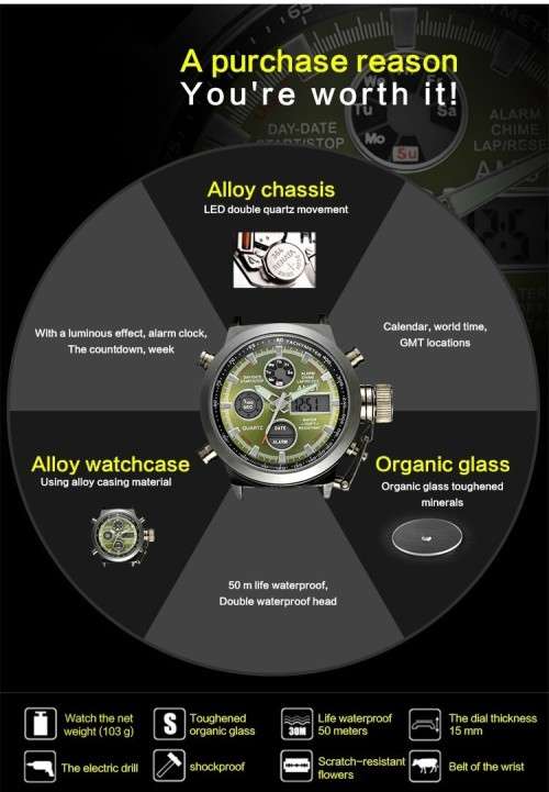 *AMST Brand Men Leather Strap Quartz Led Digital 50M Waterproof Army Military Watch