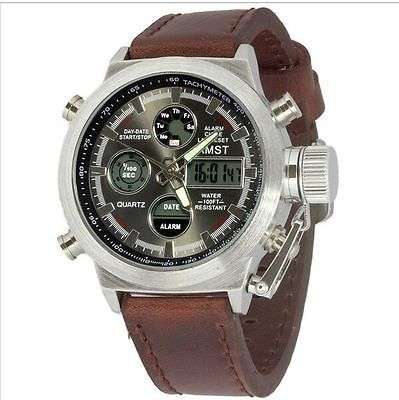 *AMST Brand Men Leather Strap Quartz Led Digital 50M Waterproof Army Military Watch