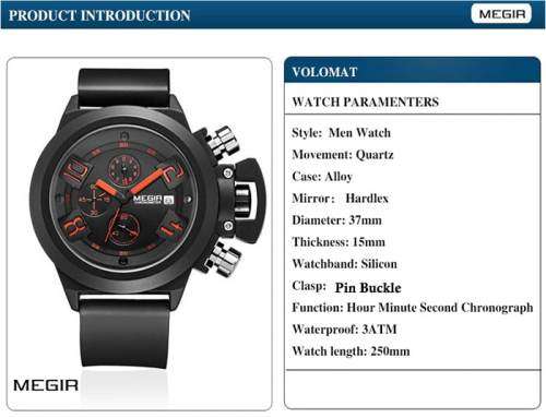 ***  Megir Brand Black Silicone Strap Military Watches ~6 Hands~ Date Chronograph
