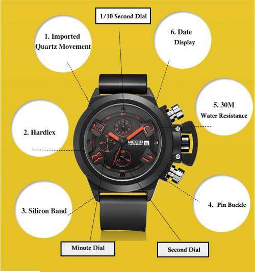 ***  Megir Brand Black Silicone Strap Military Watches ~6 Hands~ Date Chronograph