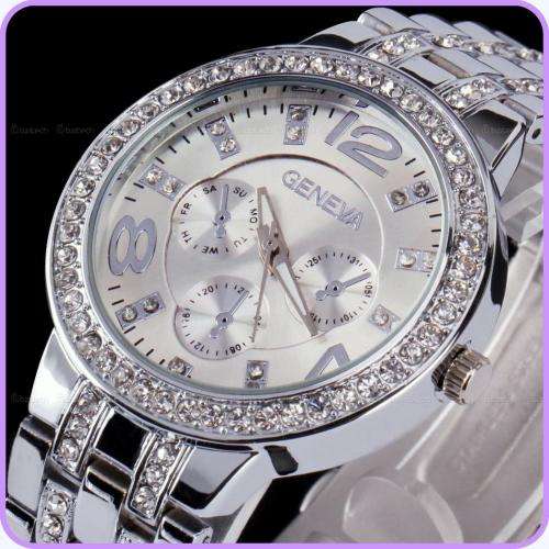 FREE COURIER--**LADIES GENEVA FULL BLING SILVER DESIGNER STYLE  STAINLESS STEEL QUARTZ WATCH**