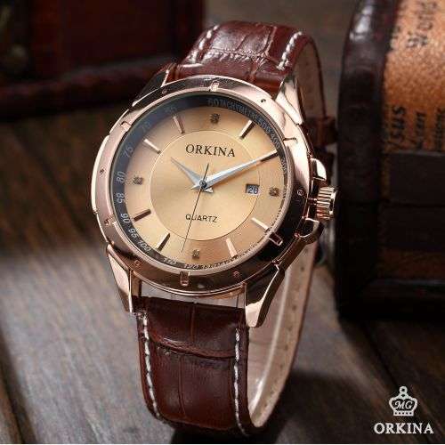 *ORKINA Luxury Gold Dial Brown Leather Date Men Quartz Dress Wrist Watch