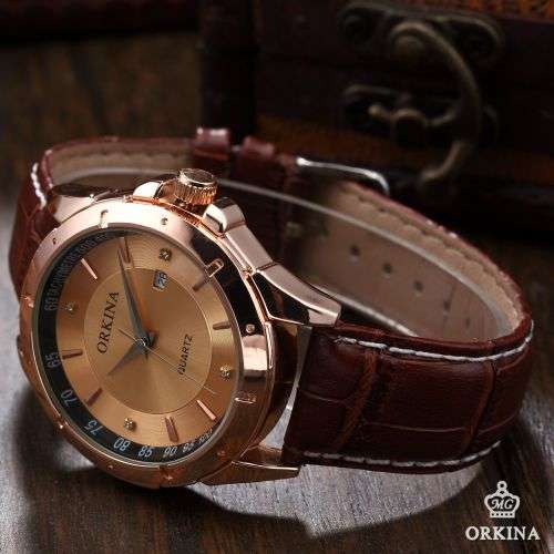 *ORKINA Luxury Gold Dial Brown Leather Date Men Quartz Dress Wrist Watch
