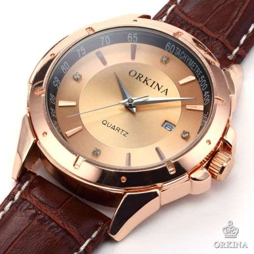 *ORKINA Luxury Gold Dial Brown Leather Date Men Quartz Dress Wrist Watch