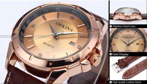 *ORKINA Luxury Gold Dial Brown Leather Date Men Quartz Dress Wrist Watch