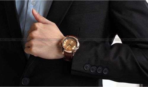 *ORKINA Luxury Gold Dial Brown Leather Date Men Quartz Dress Wrist Watch