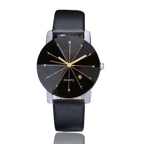 *LADIES LUXURY ANALOG *DAY DATE* DRESS WATCH* DIVIDED DIAL GLOSSY BLACK PU LEATHER STRAP*