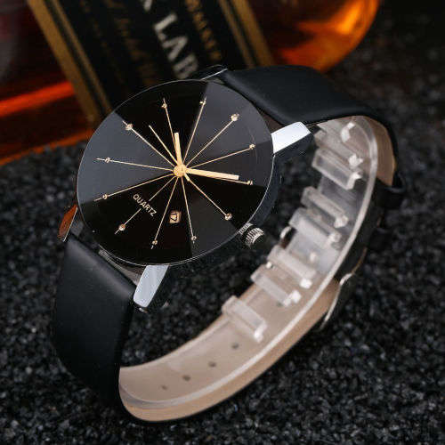 *LADIES LUXURY ANALOG *DAY DATE* DRESS WATCH* DIVIDED DIAL GLOSSY BLACK PU LEATHER STRAP*