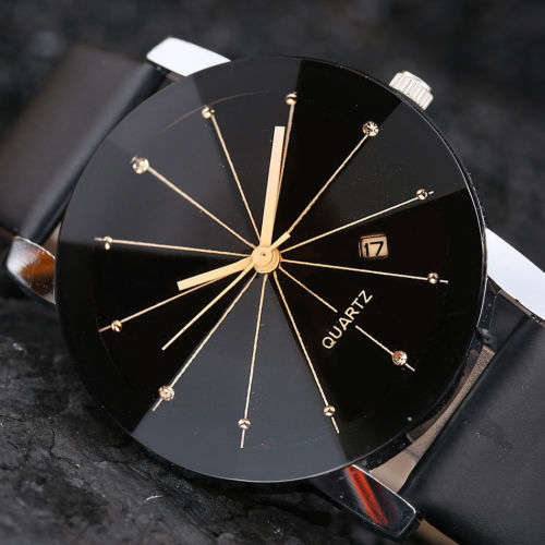 *LADIES LUXURY ANALOG *DAY DATE* DRESS WATCH* DIVIDED DIAL GLOSSY BLACK PU LEATHER STRAP*