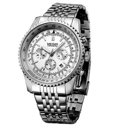 * Megir *Top Watch** All Steel All Silver  Luxury Men* 6 Hands * Quartz Wristwatch CHRONOGRAPH
