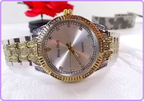 ****LADIES *DEEP SHELL 6613 *  DESIGNER STYLE 2 TONE GOLD/SILVER STAINLESS STEEL QUARTZ WATCH**