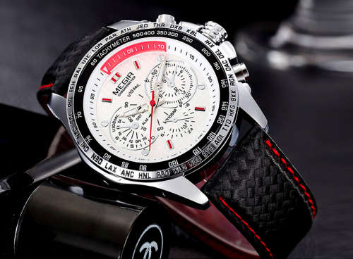 ** Megir Brand~M1010~ WHITE DIAL *Analog* Leather Strap Military Watches ~