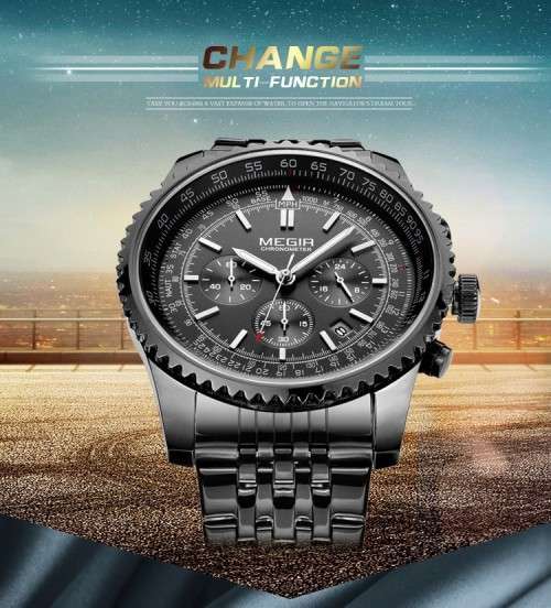 * Megir Brand Top Watch** All Black Steel  Luxury Men* 6 Hands * Quartz Wristwatch CHRONOGRAPH