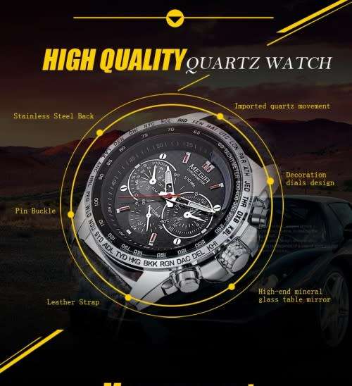 FREE SHIPPING* Megir Brand~M1010~ Black *Analog* Dial Leather Strap Military Watches ~