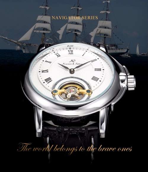 *KS White Automatic Mechanical Mens Black Leather Bridge Fitted Wrist Watch+Box*