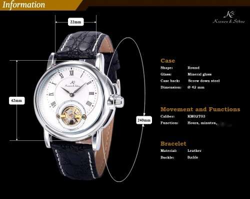 *KS White Automatic Mechanical Mens Black Leather Bridge Fitted Wrist Watch+Box*