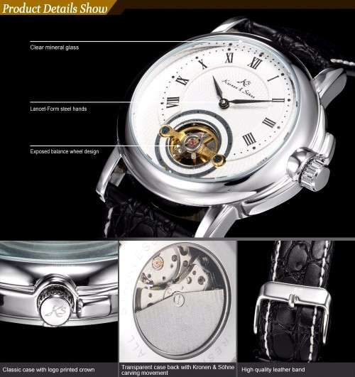 *KS White Automatic Mechanical Mens Black Leather Bridge Fitted Wrist Watch+Box*
