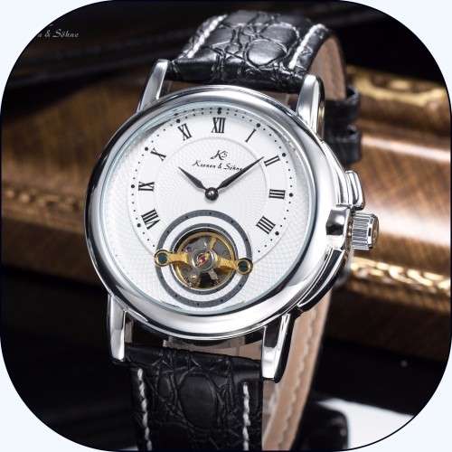 *KS White Automatic Mechanical Mens Black Leather Bridge Fitted Wrist Watch+Box*