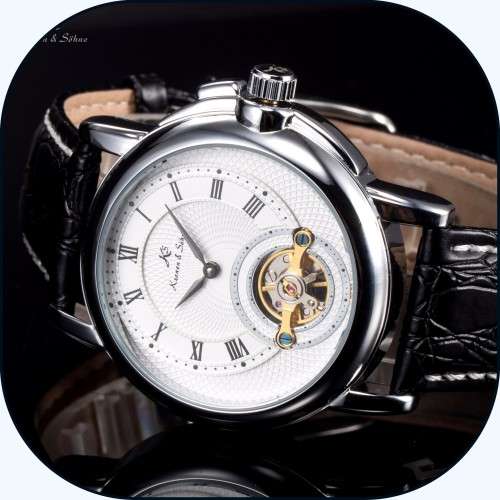 *KS White Automatic Mechanical Mens Black Leather Bridge Fitted Wrist Watch+Box*