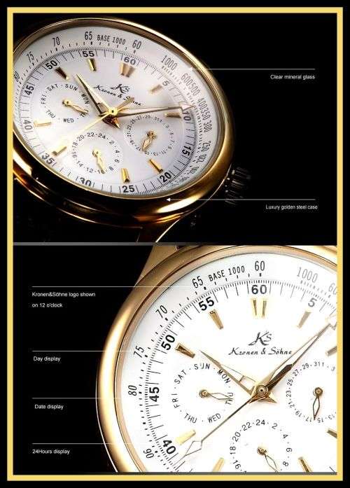 *KS Imperial*  White Dial Gold Case Automatic Mechanical Mens ** 6 Hands** Wrist Watch+Box*
