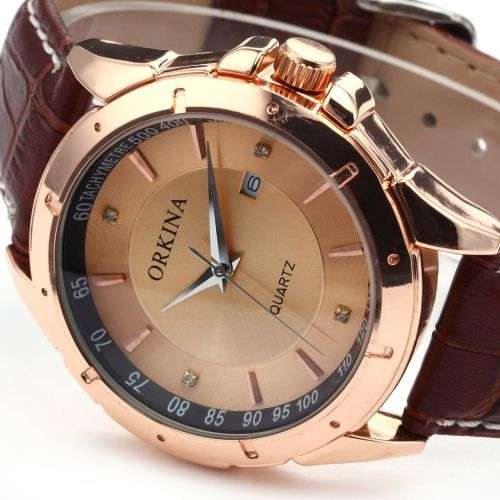 *ORKINA Luxury Gold Dial Brown Leather Date Men Quartz Dress Wrist Watch