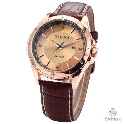 *ORKINA Luxury Gold Dial Brown Leather Date Men Quartz Dress Wrist Watch