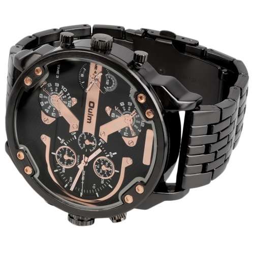 Oulm Brand**Massive DiaL Military Dual Movt Men Quartz Watch with Stainless Steel Band  - Black