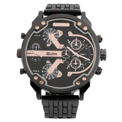 Oulm Brand**Massive DiaL Military Dual Movt Men Quartz Watch with Stainless Steel Band  - Black