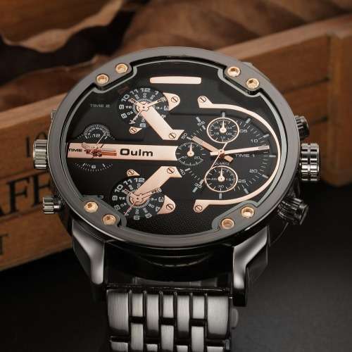 Oulm Brand**Massive DiaL Military Dual Movt Men Quartz Watch with Stainless Steel Band  - Black