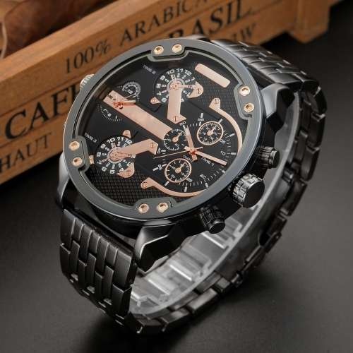 Oulm Brand**Massive DiaL Military Dual Movt Men Quartz Watch with Stainless Steel Band  - Black