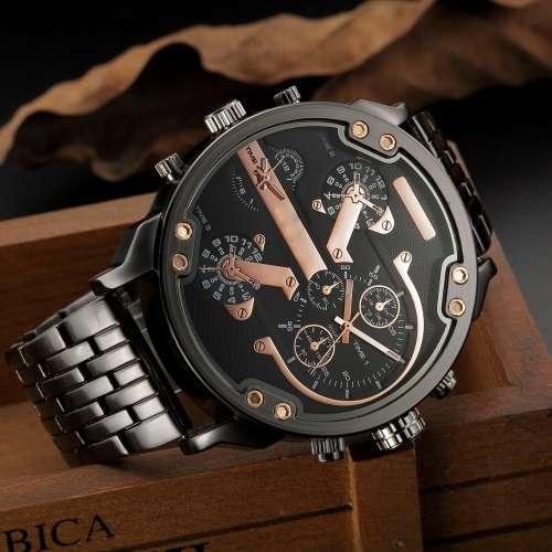 Oulm Brand**Massive DiaL Military Dual Movt Men Quartz Watch with Stainless Steel Band  - Black