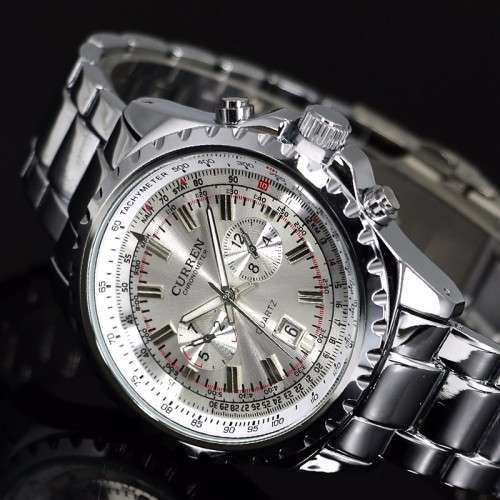 CURREN®8053 HEAVY ALL STEEL MENS AUTO DATE ALL SILVER QUALITY WATCH