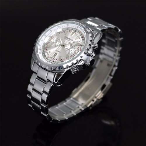 CURREN®8053 HEAVY ALL STEEL MENS AUTO DATE ALL SILVER QUALITY WATCH
