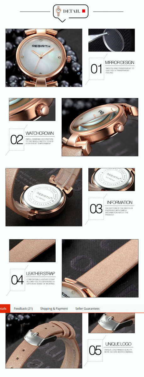 *REBIRTH BRAND RE049*  Modern Women Swiss Quality  Quartz Watch with Leather Strap