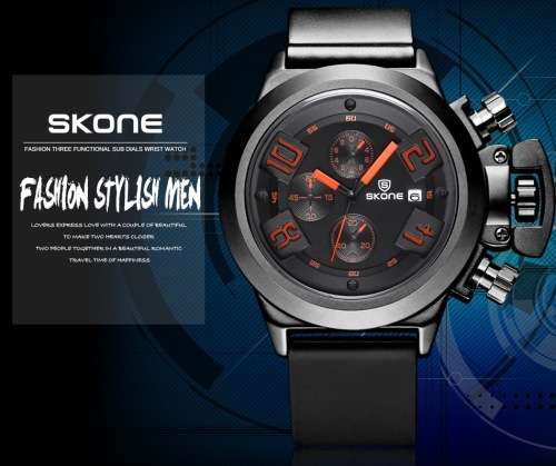 *SKONE 7427EG02 4188  Chronograph* 6 hands* Stylish Pin Buckle Male Watch  -  BLACK