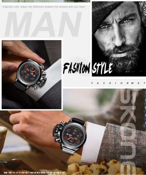 *SKONE 7427EG02 4188  Chronograph* 6 hands* Stylish Pin Buckle Male Watch  -  BLACK