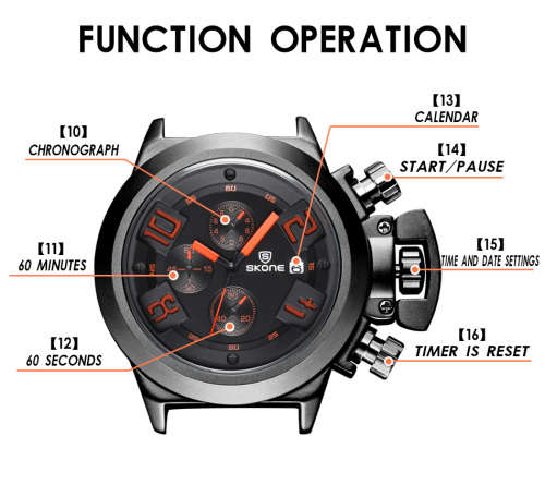 *SKONE 7427EG02 4188  Chronograph* 6 hands* Stylish Pin Buckle Male Watch  -  BLACK