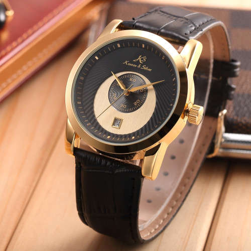 **KS Fashion Men's Date Gold Black Strap Automatic Mechanical Leather Sport Wrist Watch