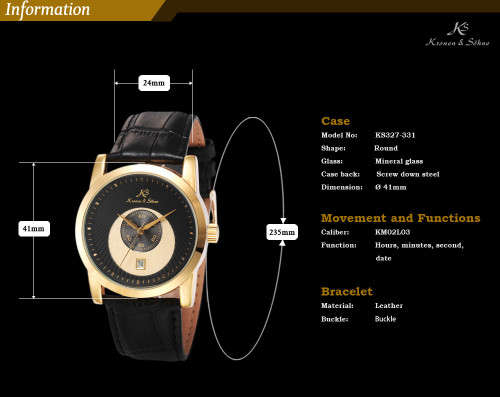 **KS Fashion Men's Date Gold Black Strap Automatic Mechanical Leather Sport Wrist Watch