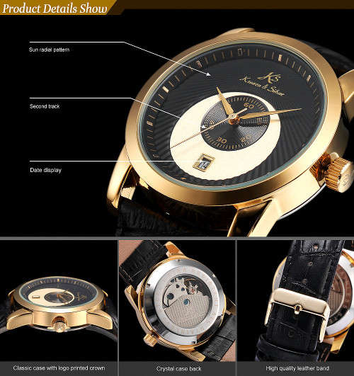 **KS Fashion Men's Date Gold Black Strap Automatic Mechanical Leather Sport Wrist Watch
